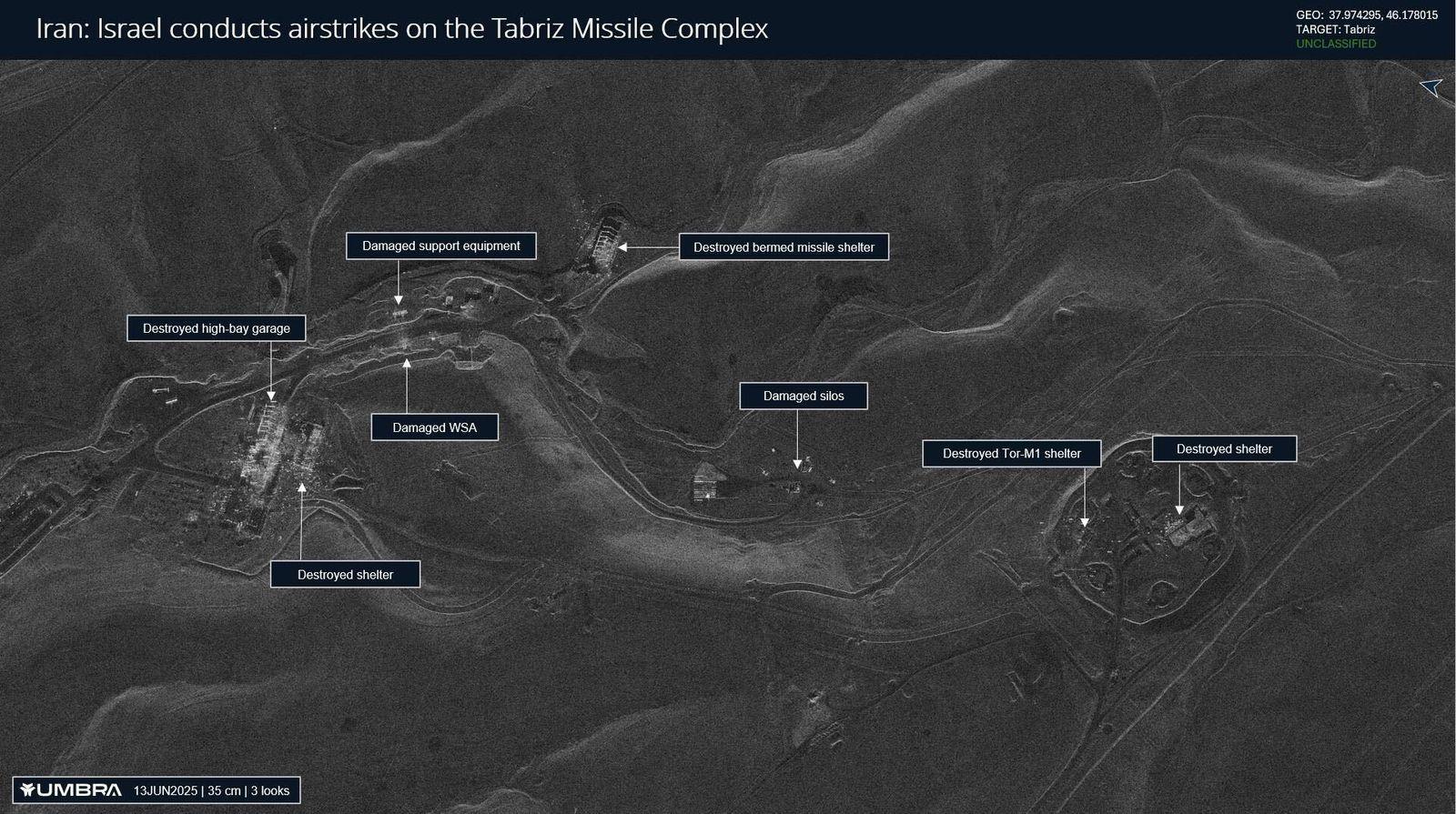Umbra image showing areas Israel has carried out strikes at Tabriz missile complex