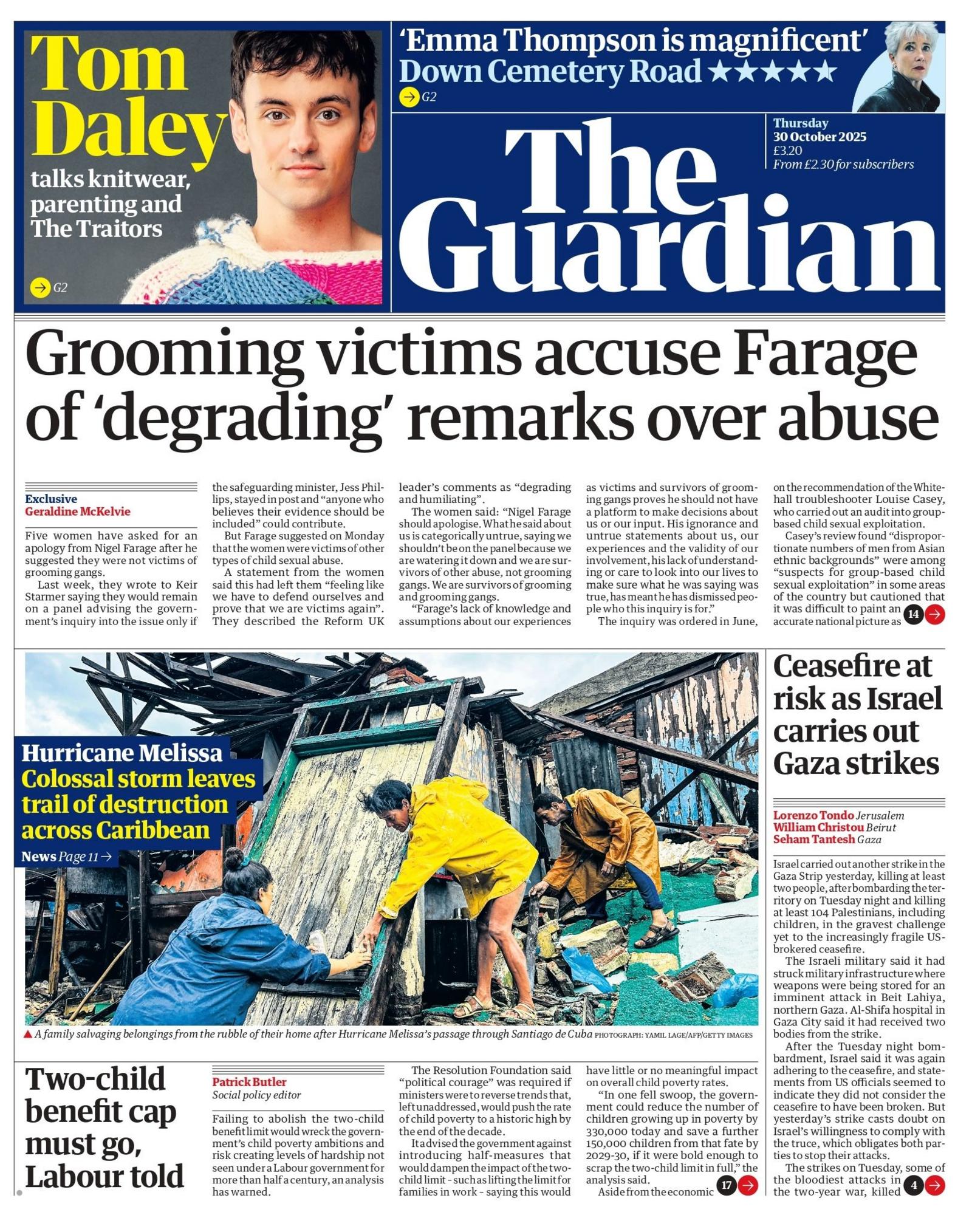 "Grooming victims accuse Farage of 'degrading' remarks over abuse" reads the headline on the front page of The Guardian.