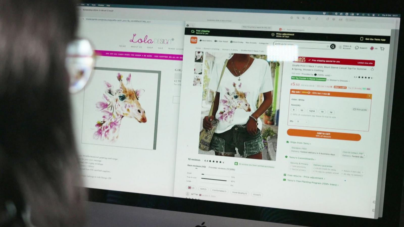 An over the shoulder photograph of greetings card designer Amanda Mountain looking at a computer screen where she is comparing her giraffe painting to a Temu t shirt with her design on it