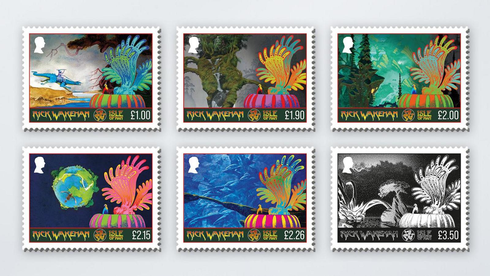 The set of six stamps lined up, five are colourful with the sixth in black and white.