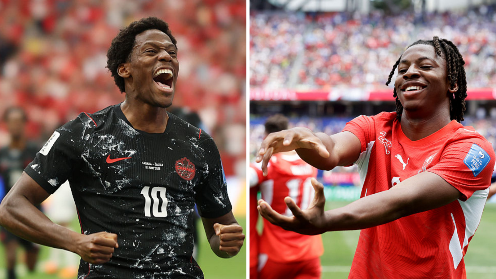 Split picture of Canada's Jonathan David (left) and Switzerland's Johan Manzambi (right)