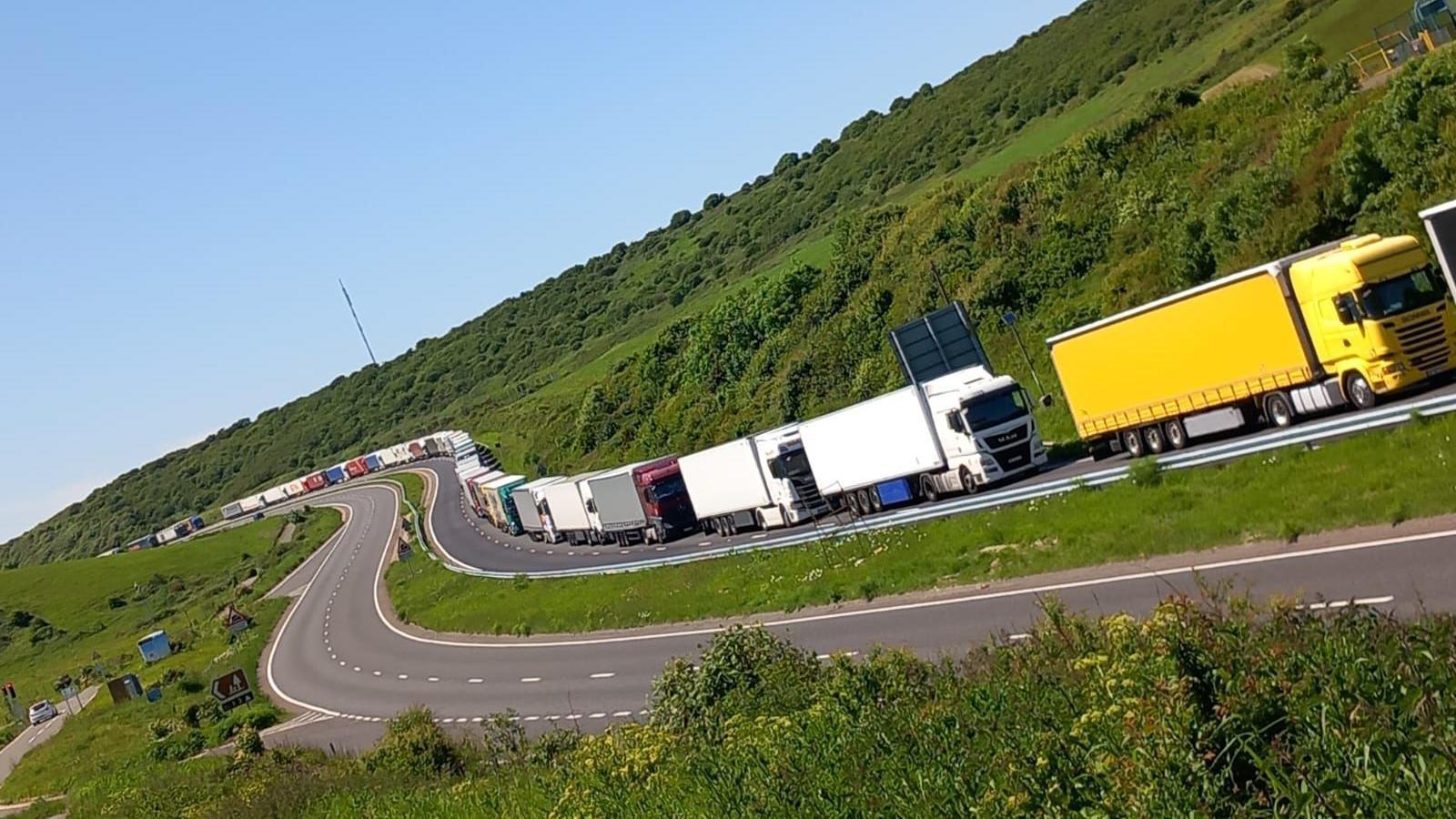 Lorries queueing on the A20 near Dover 