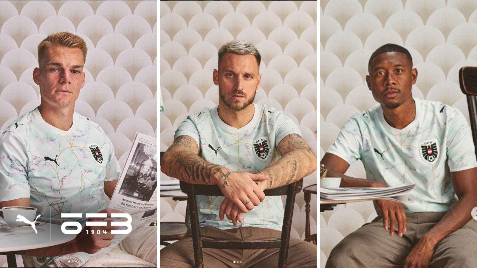 Philipp Lienhart (left) Marko Arnautovic (middle), David Alaba (right) wear 2026 Austria away shirt.