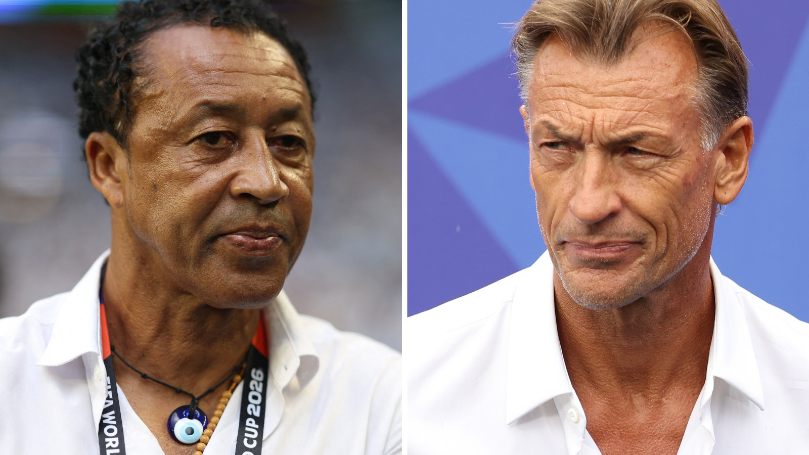 A split image shows close up headshots of Bubista and Herve Renard. Bubista wears a white shirt unbuttoned at the neck, two necklaces and a World Cup 2026 lanyard around his neck as he looks towards the camera, while Renard wears a similar white shirt and looks to his right with a pensive expression on his face