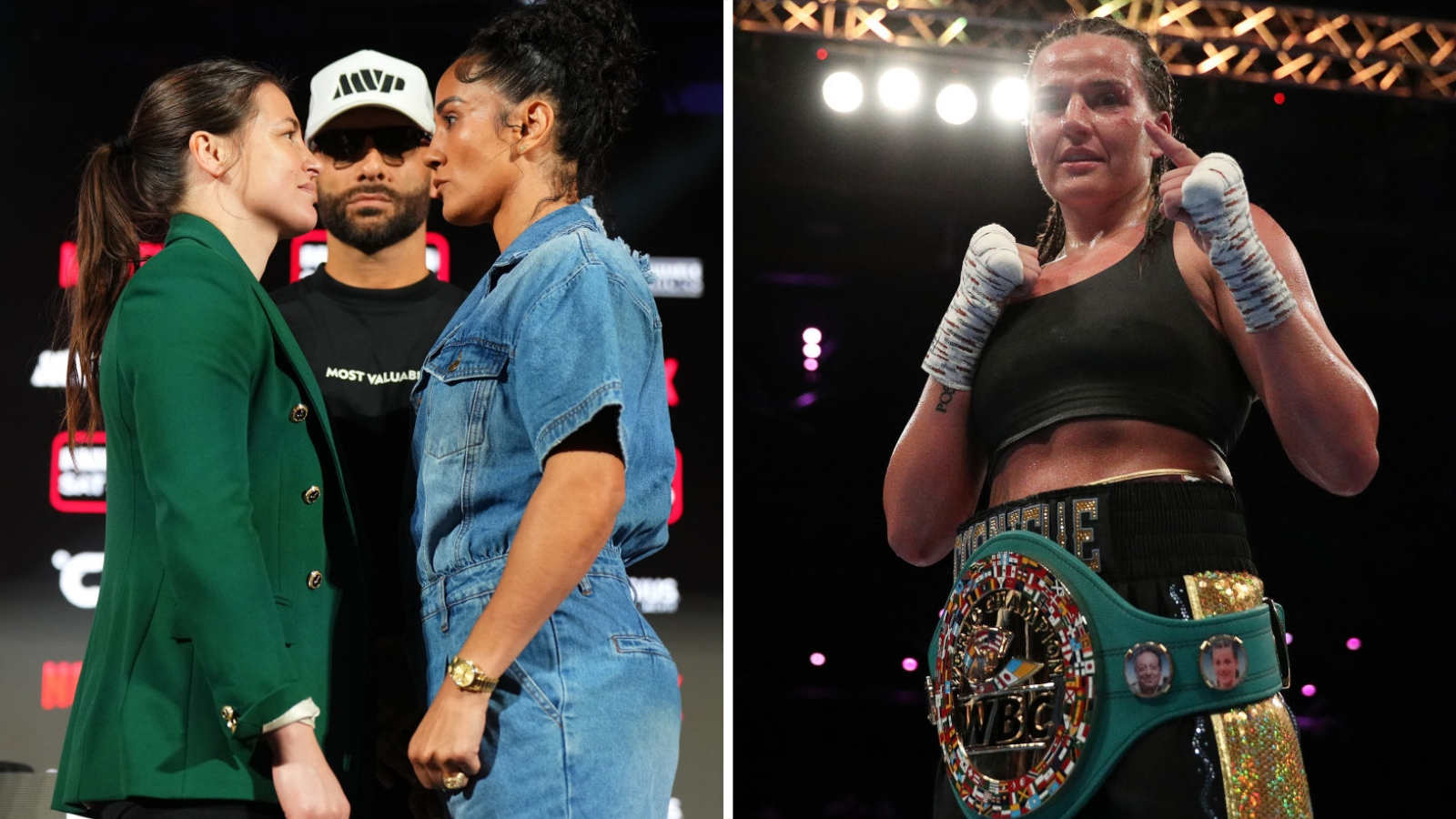 Split image, Katie Taylor faces off with Amanda Serrano, Chantelle Cameron poses with a WBC title in the ring