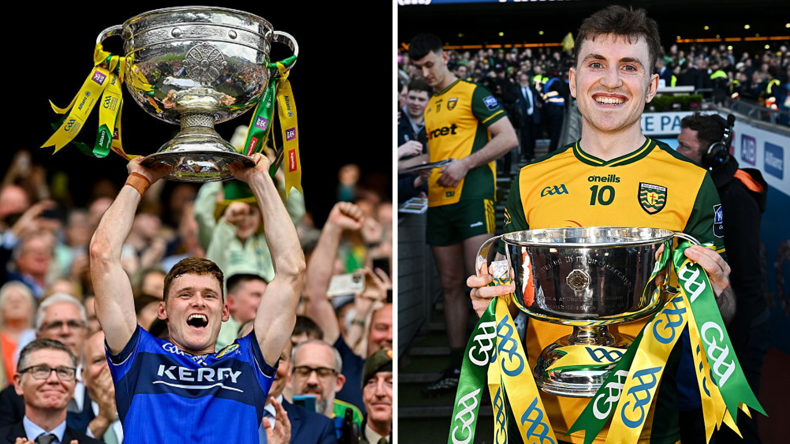 Kerry captain Gavin White lifts the Sam Maguire Cup in 2025 and Donegal's joint-captain Shane O'Donnell with the Division One league trophy for 2026