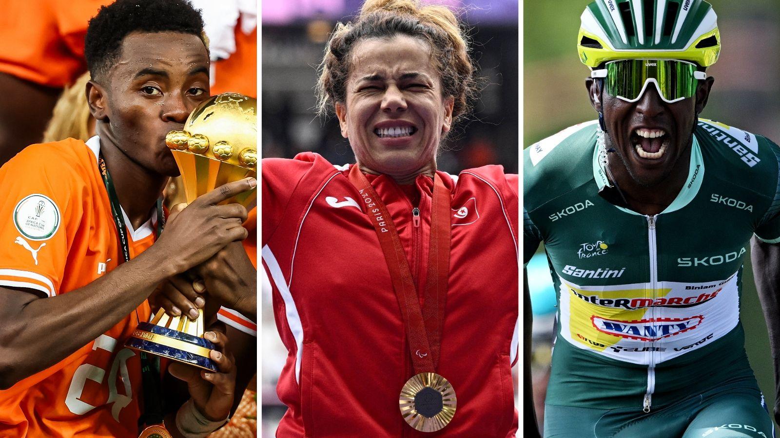 A triptych showing Ivory Coast winger Simon Adingra kissing the Africa Cup of Nations trophy, Raoua Tlili crying in a red Tunisia tracksuit as she wears a gold medal at the Paralympics and Biniam Girmay, wearing a green cycling kit and helmet, screaming in celebration 