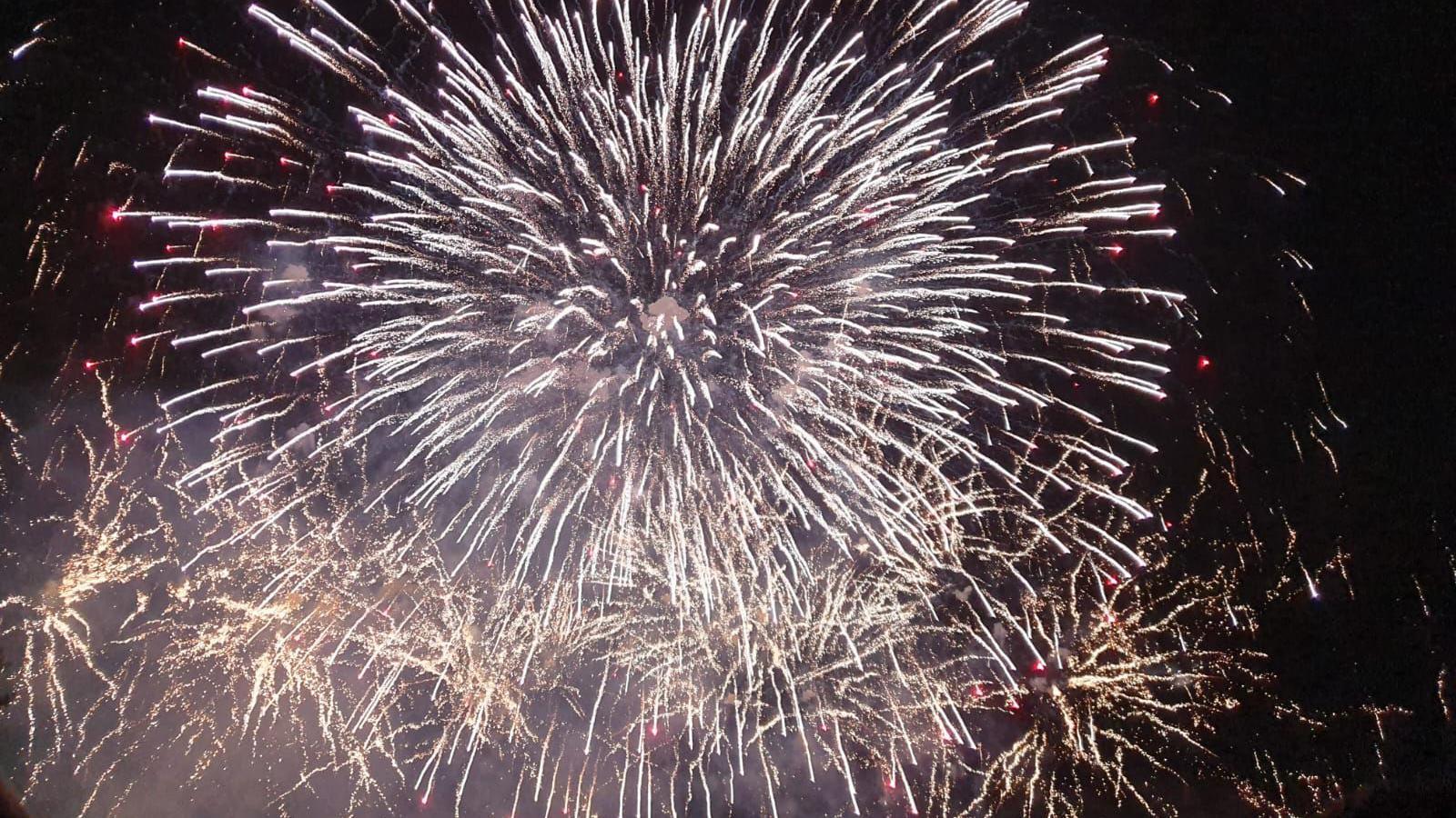 A large golden firework explodes in a black sky.
