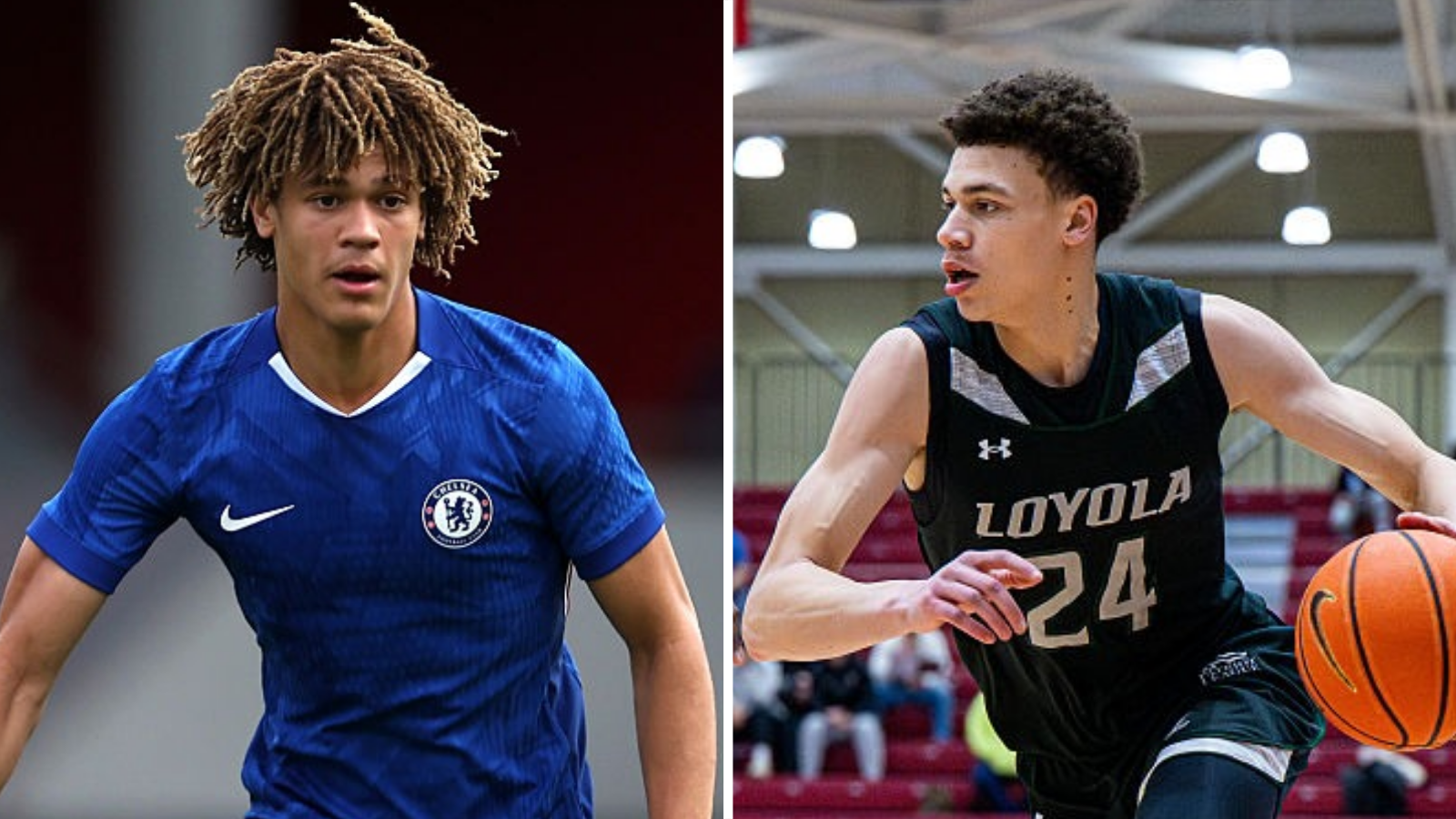 A split image of Landon Emenalo playing for Chelsea and Sebastien Emenalo playing for Loyola Greyhounds