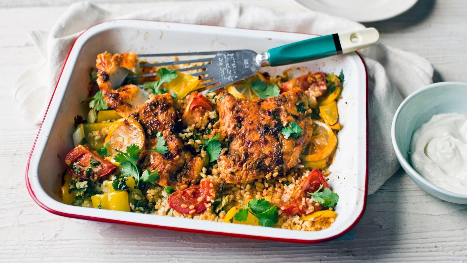 Harissa baked fish with bulgur wheat