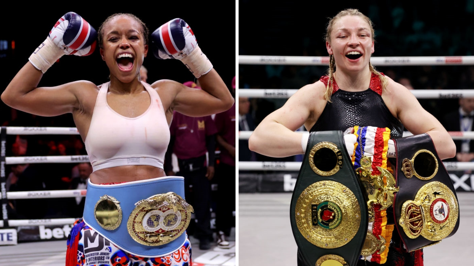 Split image of Natasha Jonas celebrating with her world title beside Lauren Price celebrating with her world title