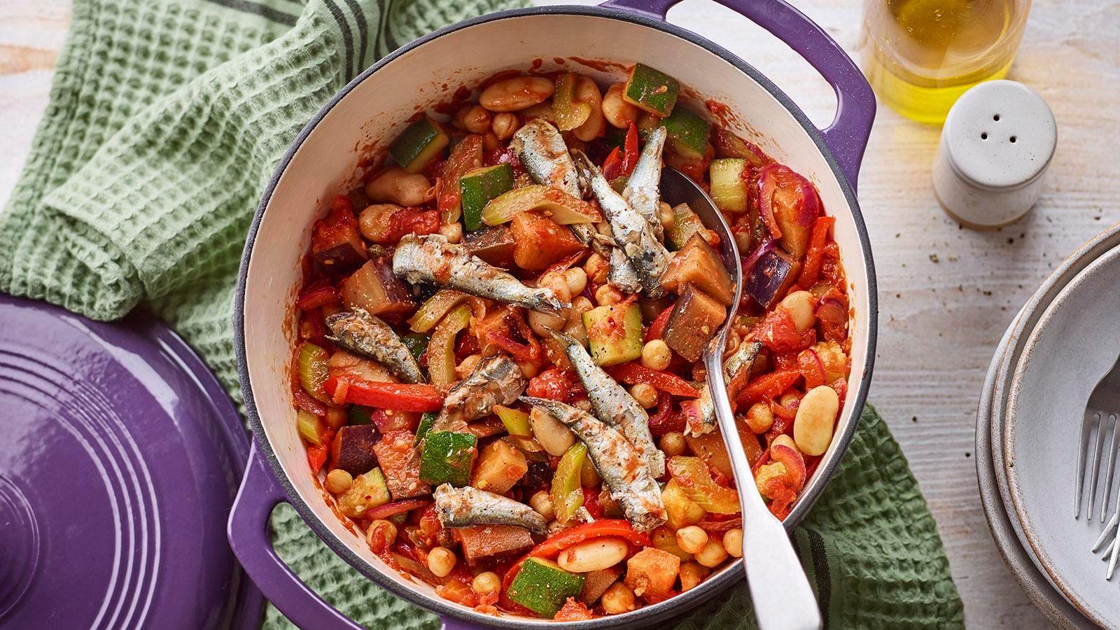 Sweet vegetable, sardine and bean stew