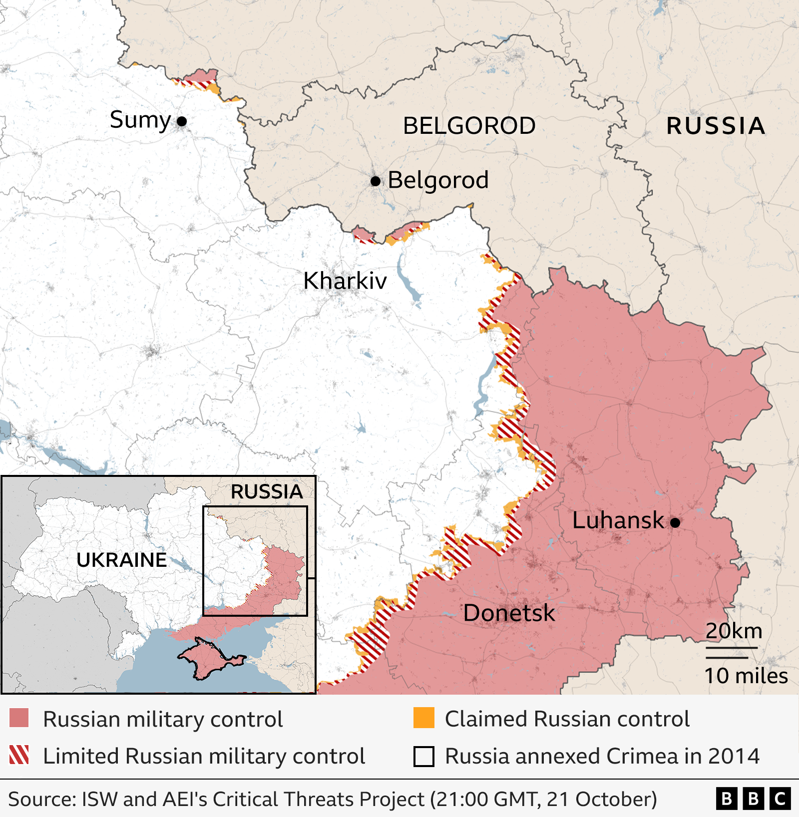 Map showing eastern Ukraine and the Belgorod region, which borders Ukraine to the north east. . The city of Belgorod is also marked on the map. Areas of Ukraine controlled by Russia are marked in red, and areas of limited Russian military control are in red and white stripes. Small areas of yellow mark areas of claimed Russian control. Crimea, which was annexed by Russia in 2014, is also marked in red on the map.