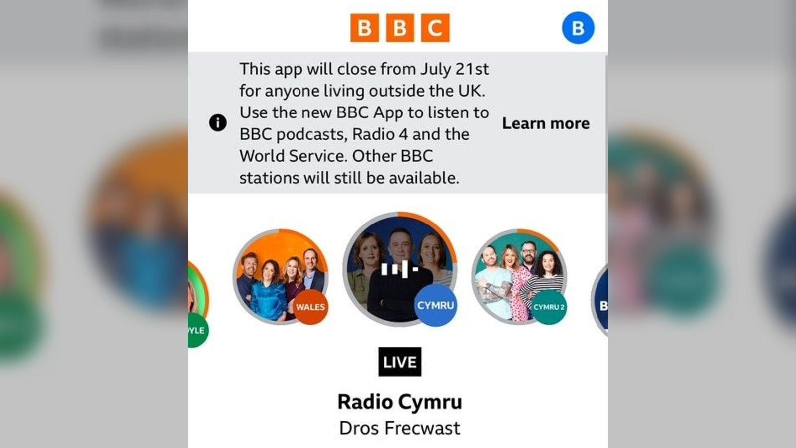 Fe fydd modd gwrando ar orsafoedd radio'r BBC yn fyw ond nid ar alw
