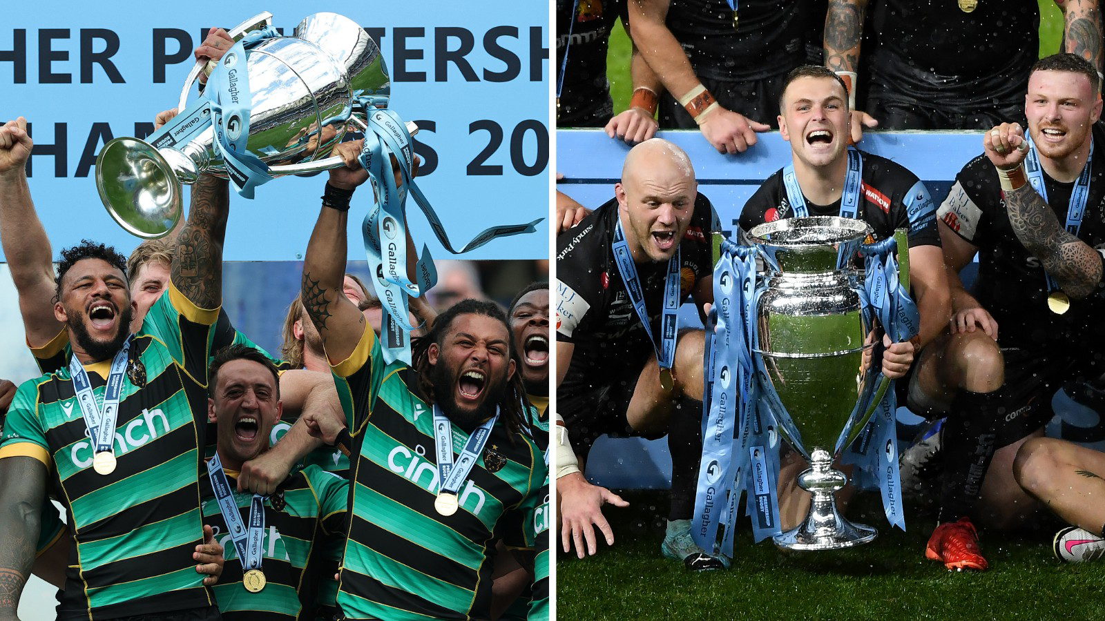 Northampton lift the Prem trophy on the left, while Exeter do likewise on the right
