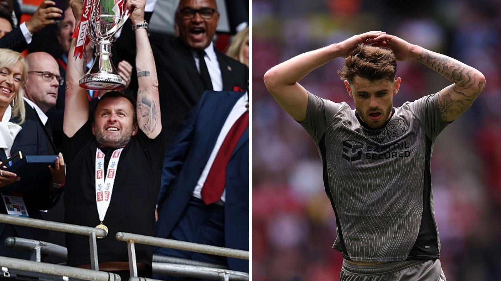 Nathan Jones lifts the League One play-off final trophy, left, and Charlie Kelman puts his head in his hands, right