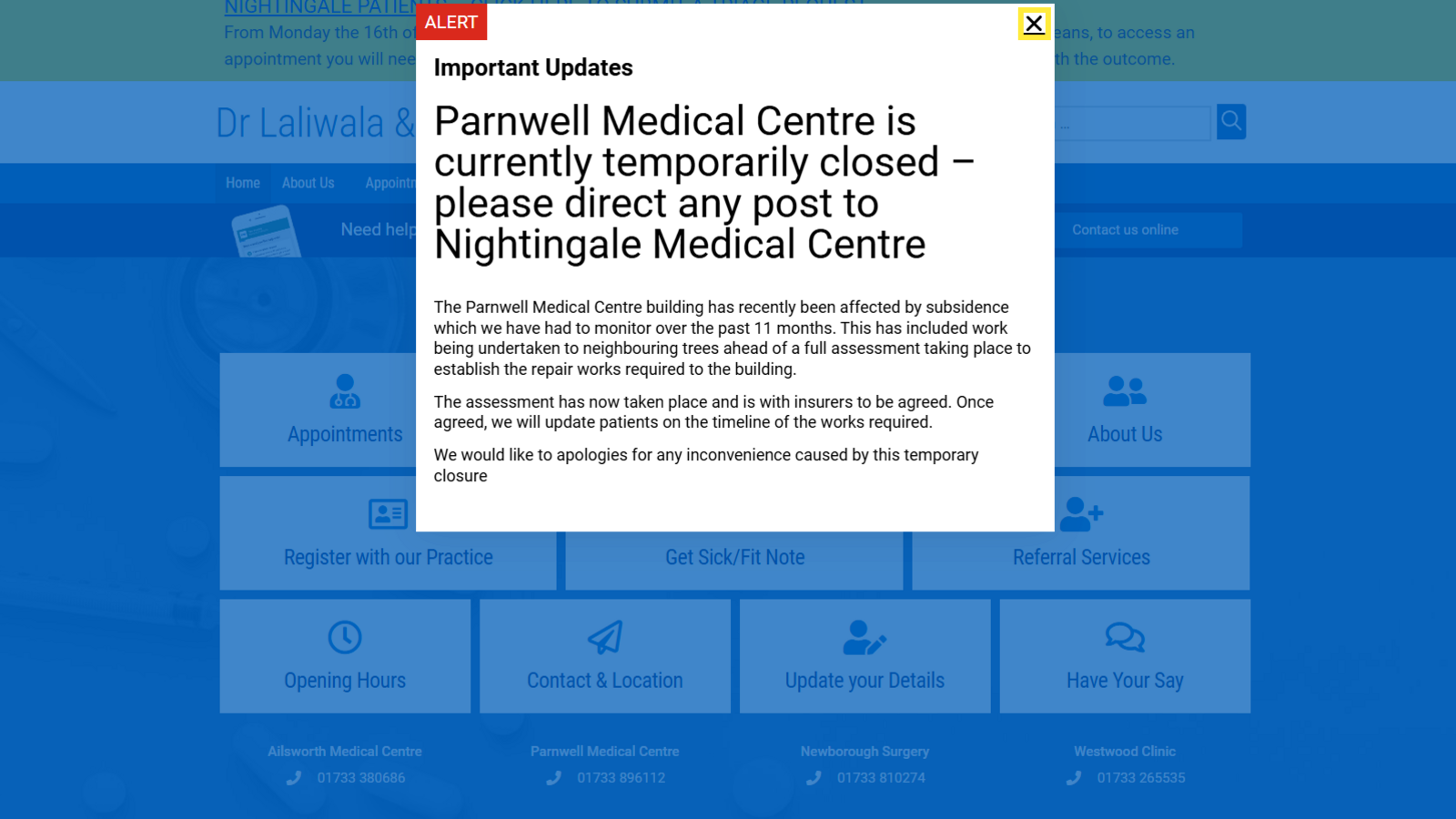 A screengrab of the alert message telling Parnwell patients to go to Nightingale 