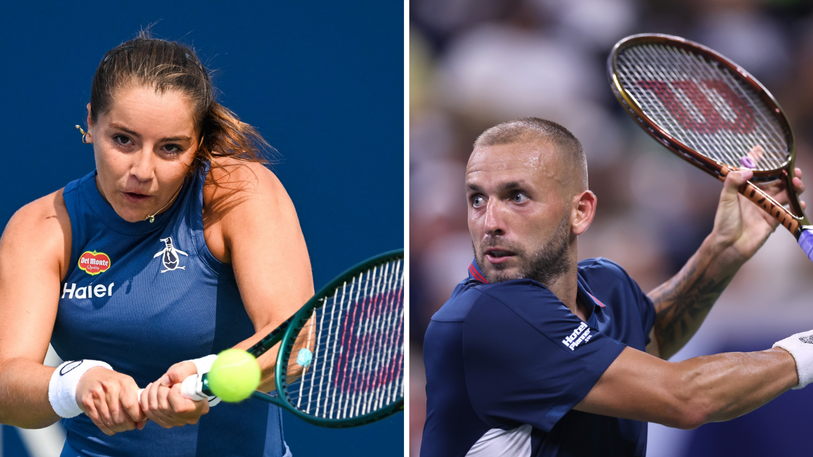 Split picture of Jodie Burrage and Dan Evans playing tennis