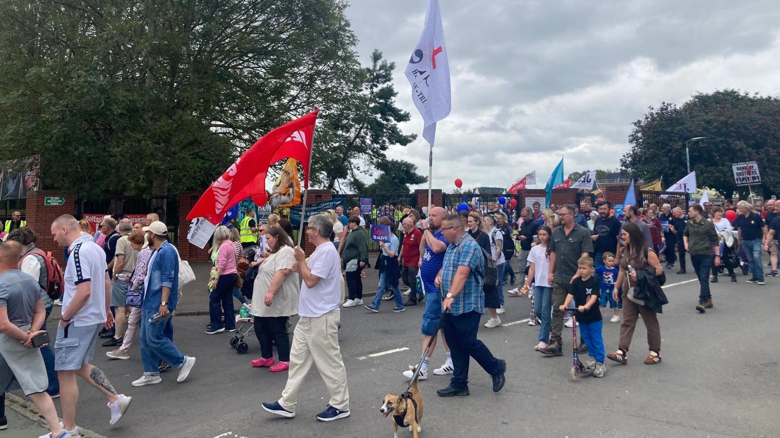 A group of people waving flags leave the side of Ormeau Park, on the Ormeau Embankment.