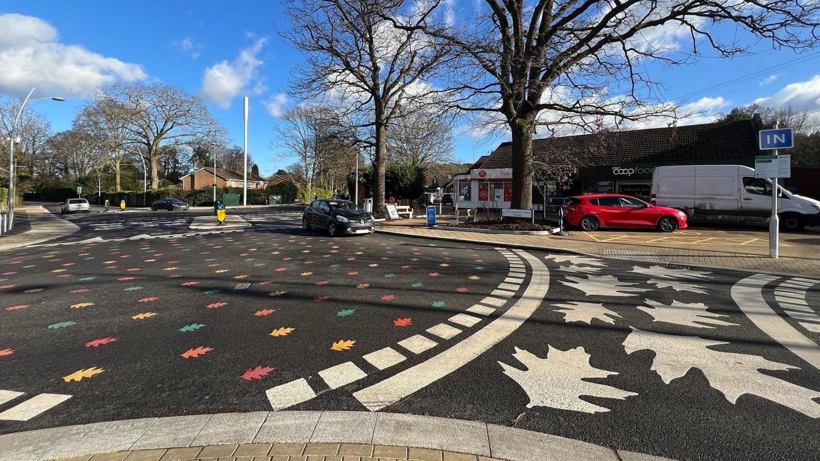 A photo taken from the pavement showing one of the roundabouts, with the white leaf crossing on the right and the rainbow leaf roundabout on the left. It's a sunny day and the sky is blue.