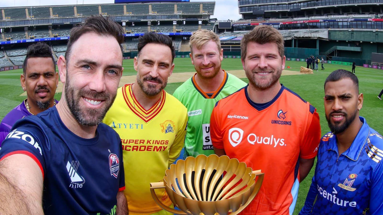 MLC captains for the 2025 edition of the franchise tournament at the Oakland Athletic Stadium pose with the competition's trophy