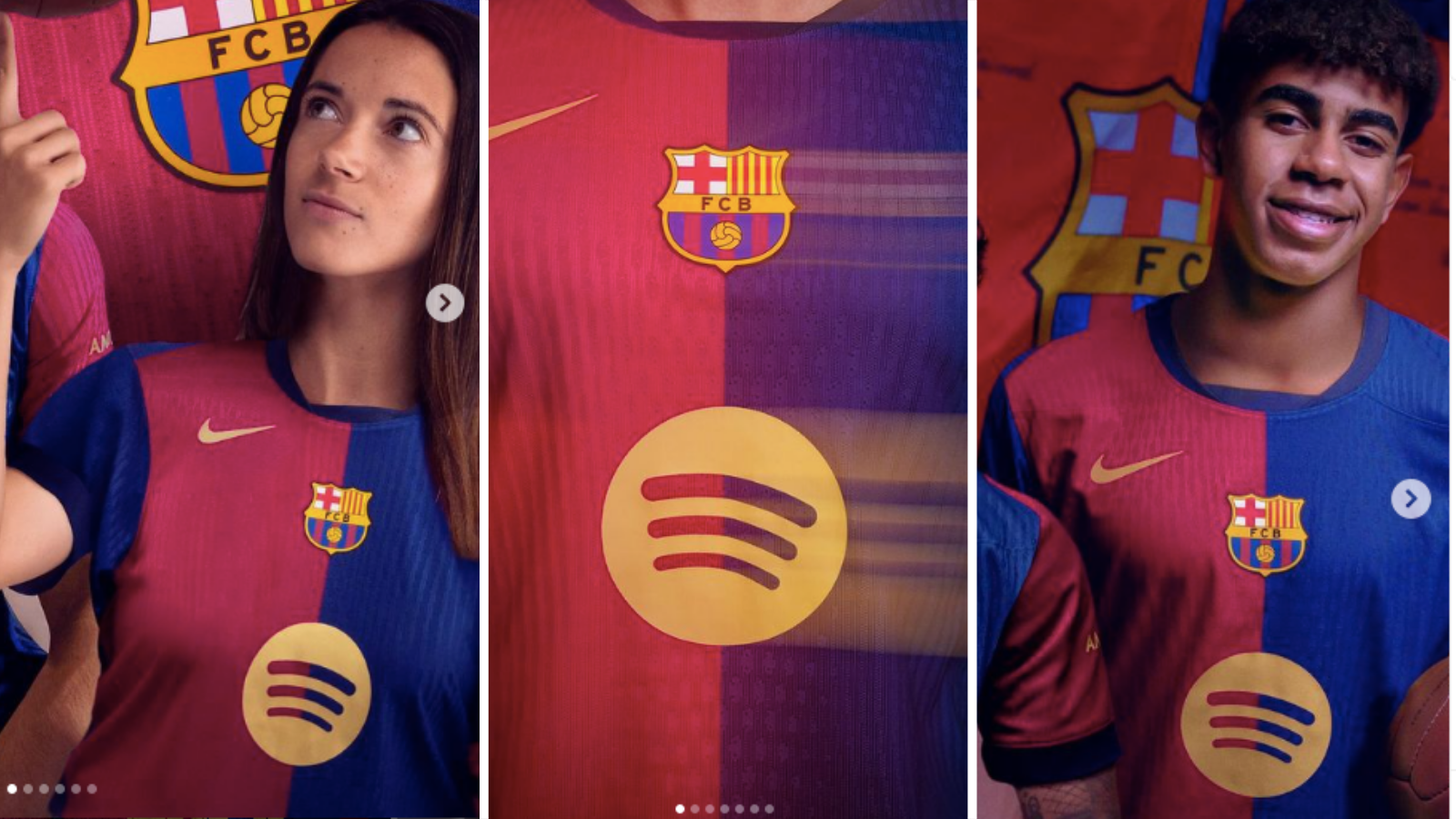 Aitana Bonmati and Lamine Yamal model the new Barcelona home kit.