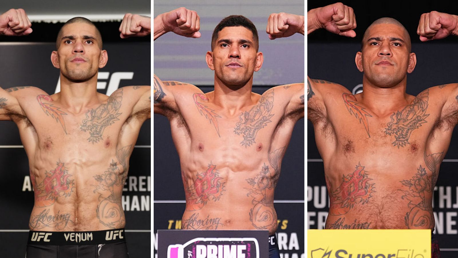A split picture of Alex Pereira at middleweight, light-heavyweight and heavyweight