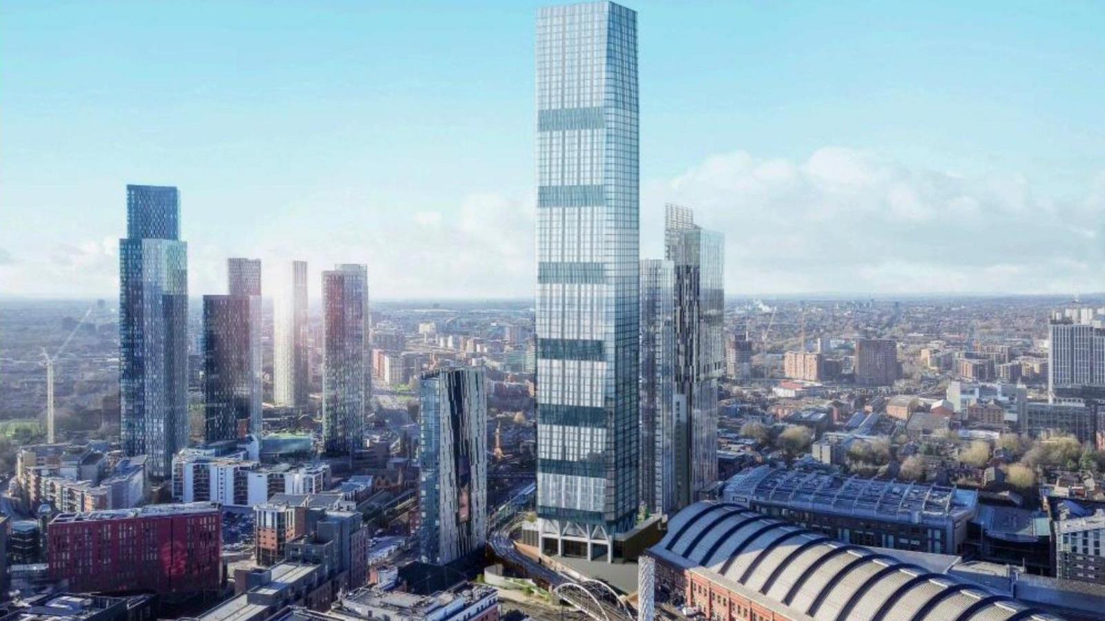 CGI of planned skyscraper with Manchester surroundings.