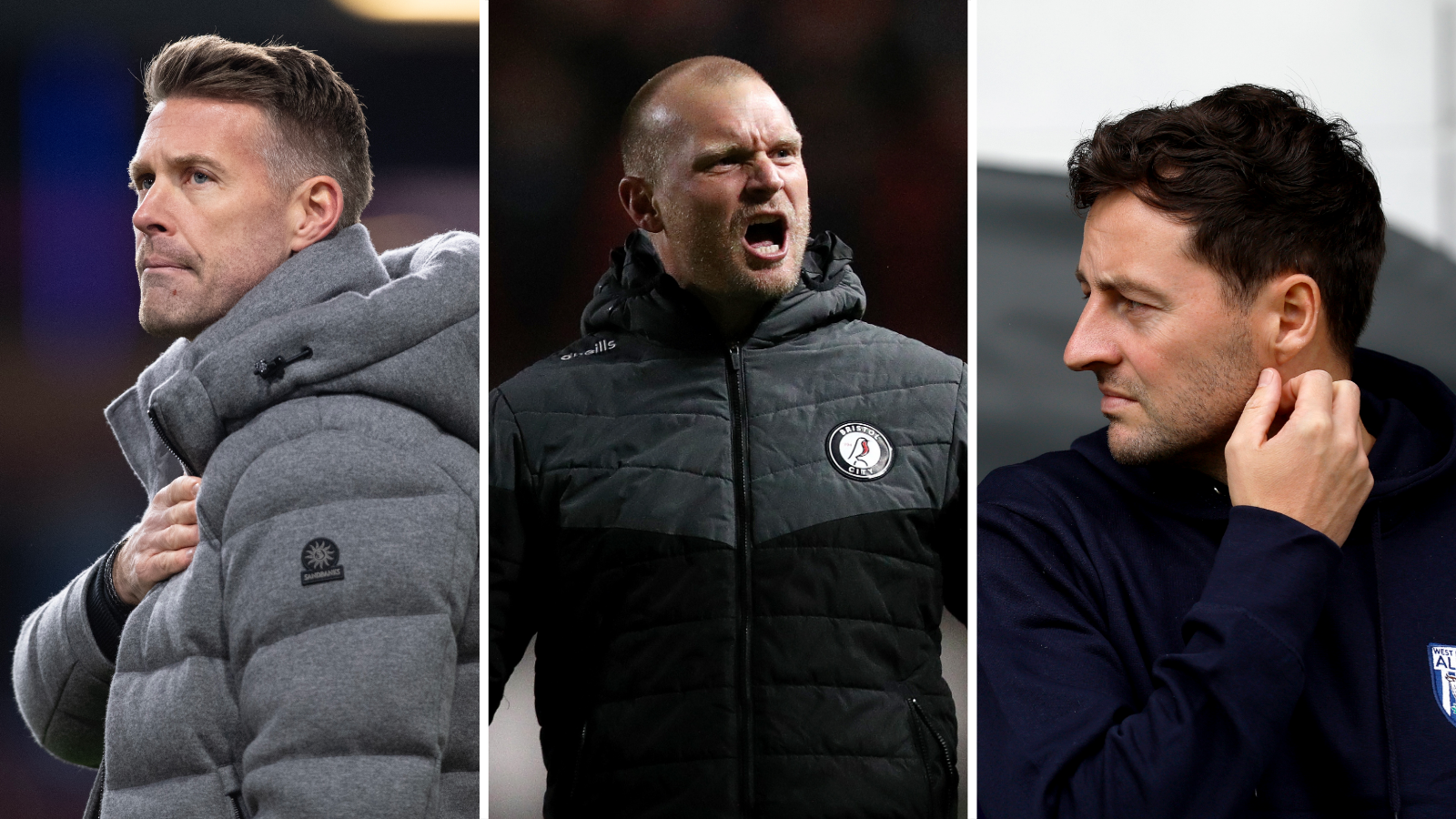 Side-by-side pictures of Middlesbrough's Rob Edwards, Norwich City's Liam Manning (wearing a Bristol City jacket) and West Bromwich Albion's Ryan Mason