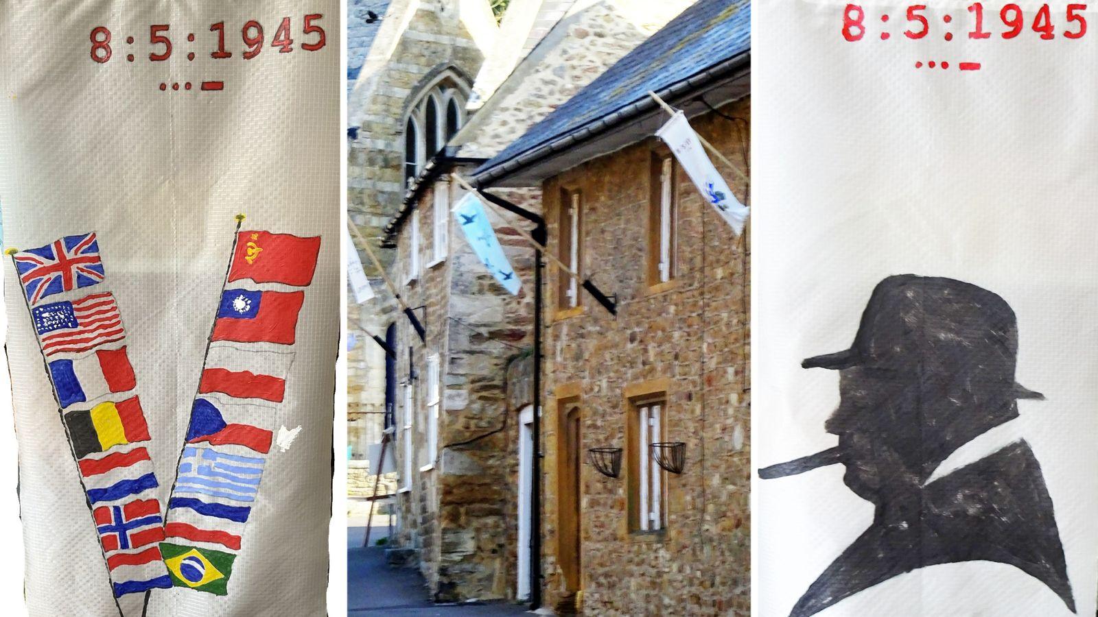 Three images. One shows terraced stone cottages in Abbotsbury with banners strung from flagpoles hanging over the pavement. The other two are of the banners. One banner depicts two flagpoles bearing the national flags of 15 World War Two allies. The other shows a profile silhouette of Winston Churchill with his trademark cigar in his mouth and trilby hat.