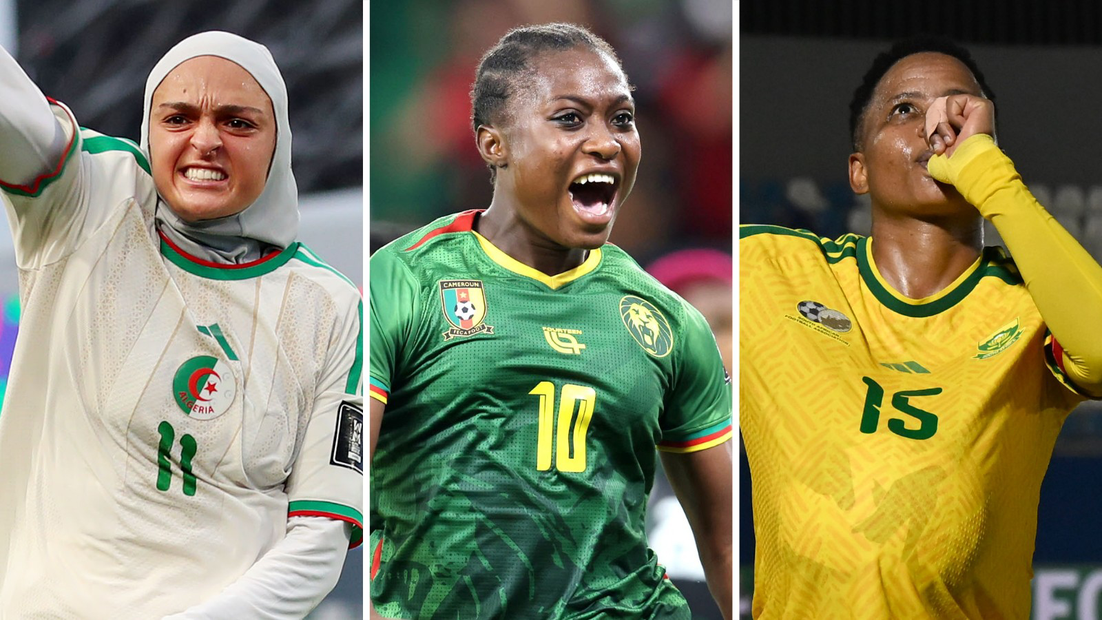 A triptych showing Lina Boussaha, Naomi Eto and Refiloe Jane celebrating goals at the 2026 Women's Africa Cup of Nations. Boussaha wears a white headscarf and Algeria kit with a green number 11 on it, Eto a green Cameroon shirt with a yellow 10 on it, and Jane a yellow South Africa shirt with a green 15 on the chest. Boussaha has a teeth-clenched and right arm raised, Eto smiles widely and Jane has her thumb in her mouth as she looks upwards while hiding a football under her shirt