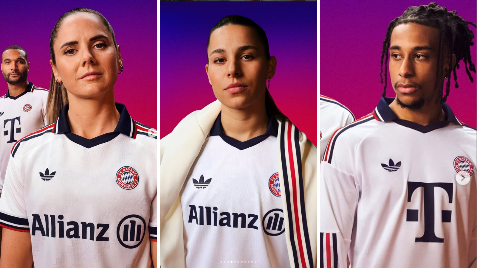 Bayern Munich men's and women's players wear 2026-27 away shirt.