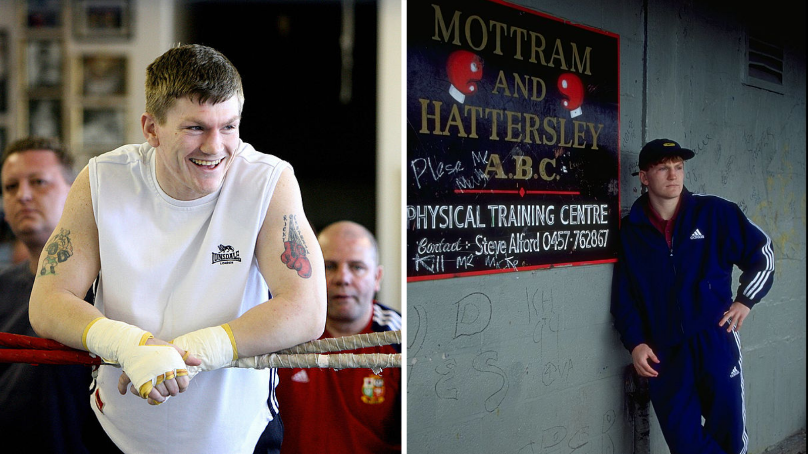 Split image of Ricky Hatton leaning over the ropes smiling and Hatton leaning against the sign for Mottram and Hattersley ABC gym