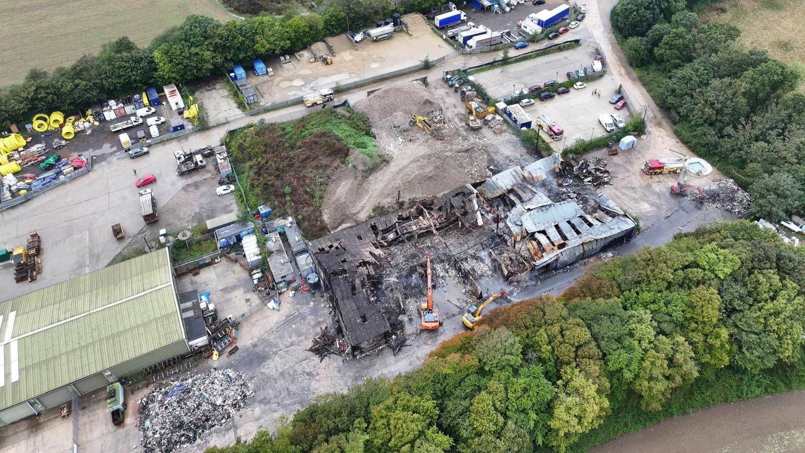 An aerial view of the burnt building