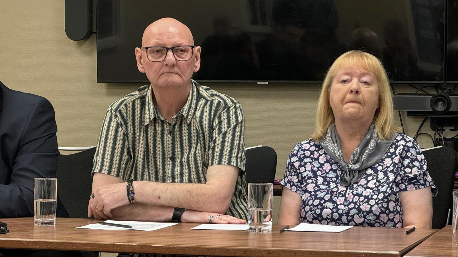 Peter and Florence Fanning, of Coatbridge, North Lanarkshire, speaking at a press conference in Edinburgh - they are  sitting behind a table with glasses of water in front of them