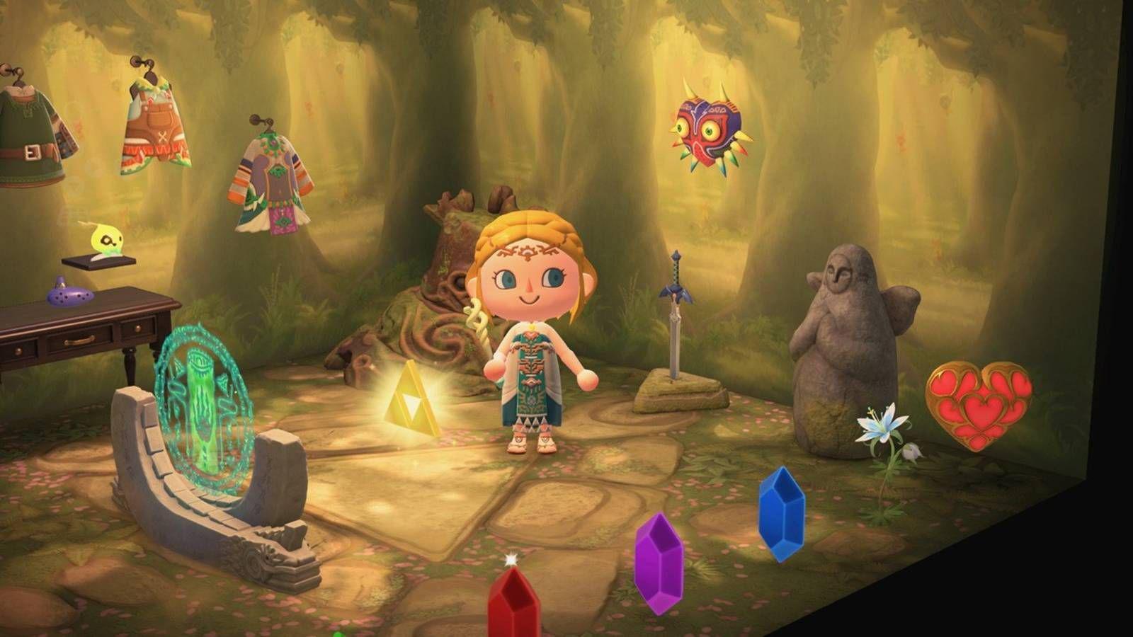 Legend of Zelda-themed house on animal crossing, with decorations and outfits.