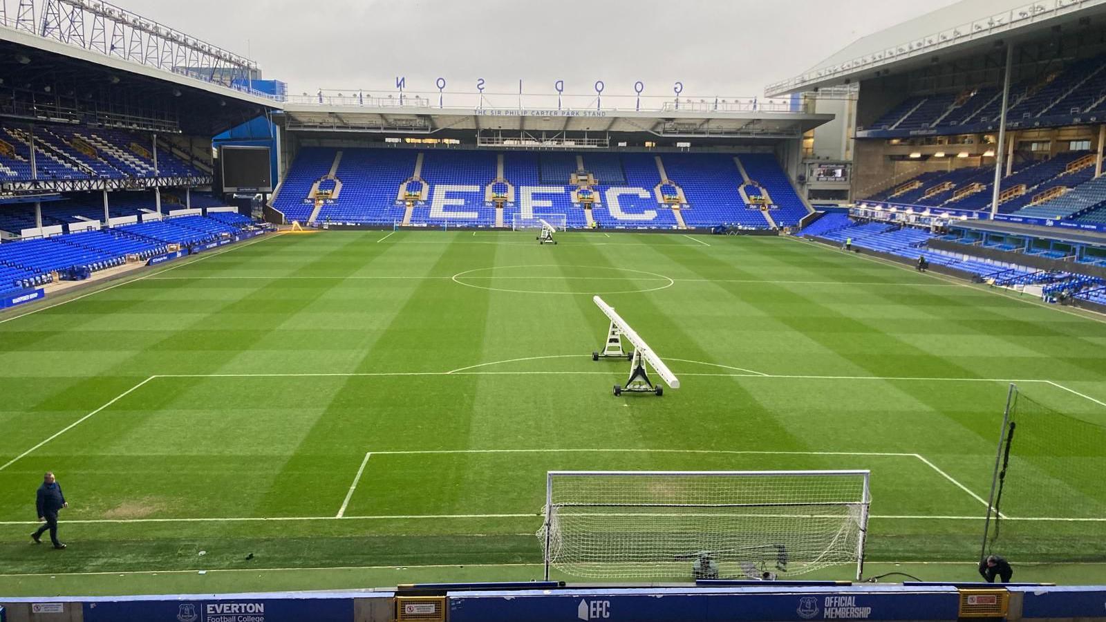 Goodison Park ground with blue seating with white seats spelling out EFC