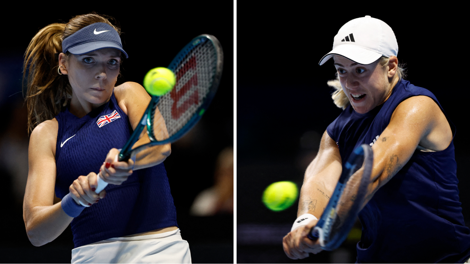 Split picture of Katie Boulter and Sonay Kartal in action at the Billie Jean King Cup