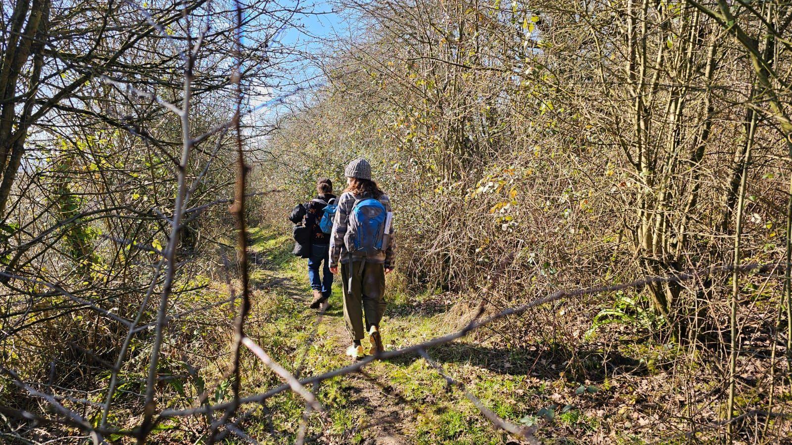 Two people wearing winter coats and backpacks walk on a narrow path through woodland. It is a bright sunny day and the trees and bushes are mostly sparse.