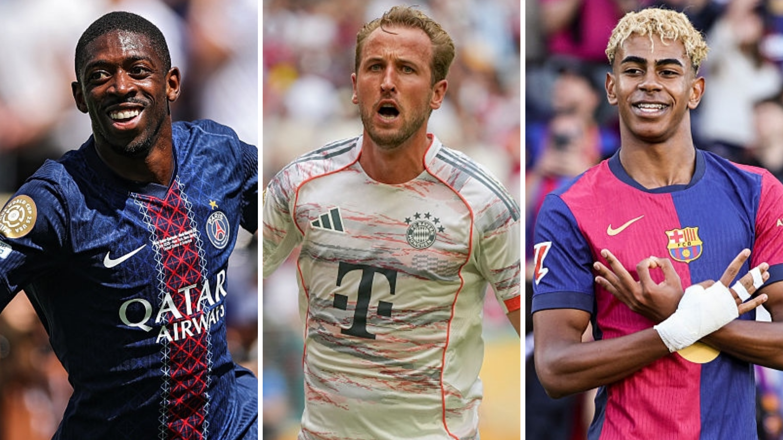 Paris St-Germain's Ousmane Dembele, Bayern Munich's Harry Kane and Barcelona's Lamine Yamal