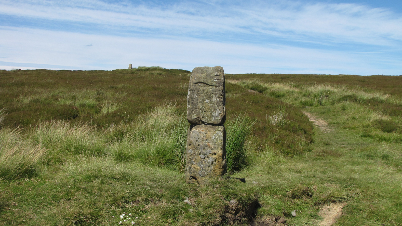 A view across the North York Moors. In the foreground and background, two stone columns can be seen, amongst a landscape of long grass and brown heather and gorse.
