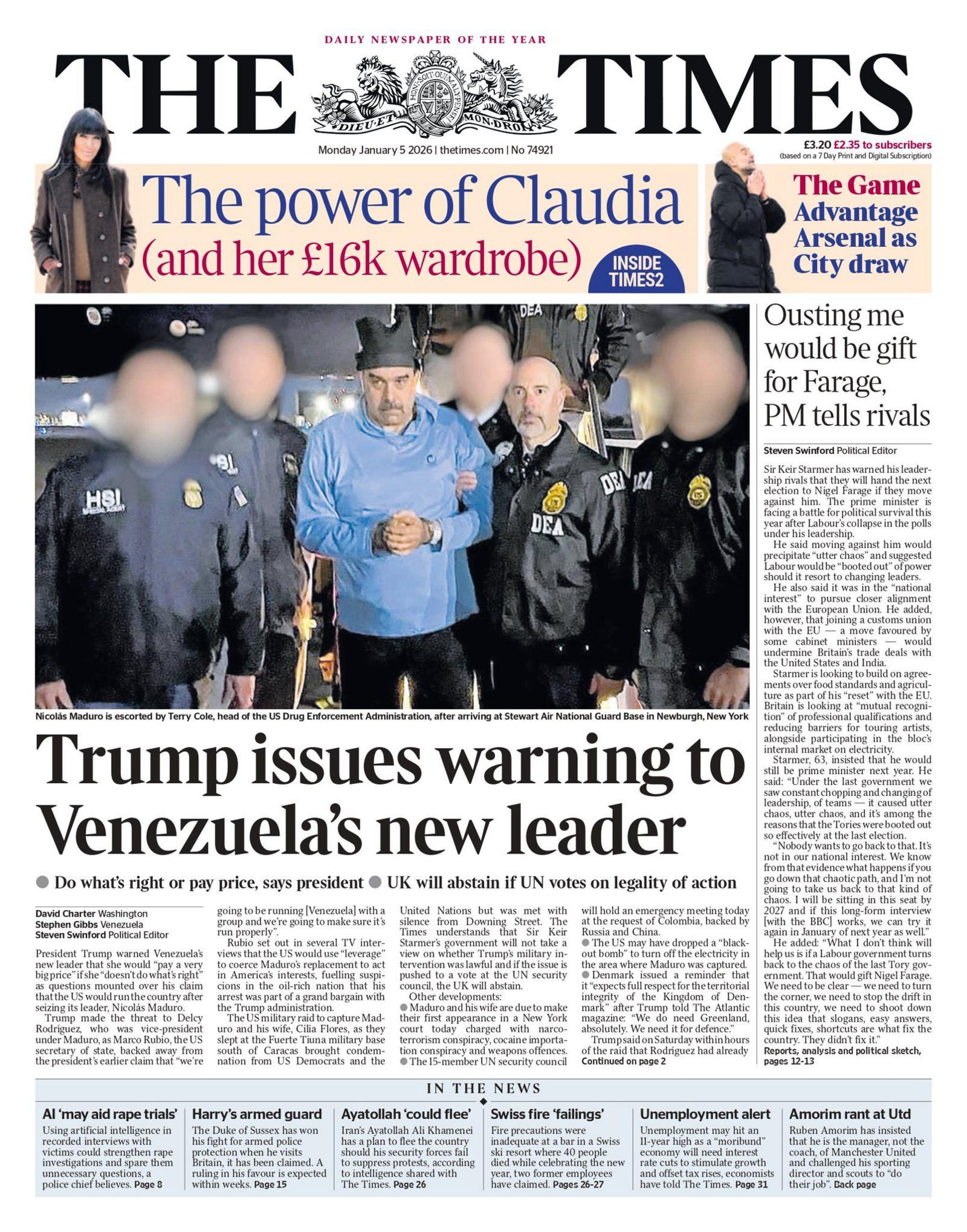 Titulli në faqen e parë të gazetës Times thotë: "Trump i jep një paralajmërim udhëheqësit të ri të Venezuelës".