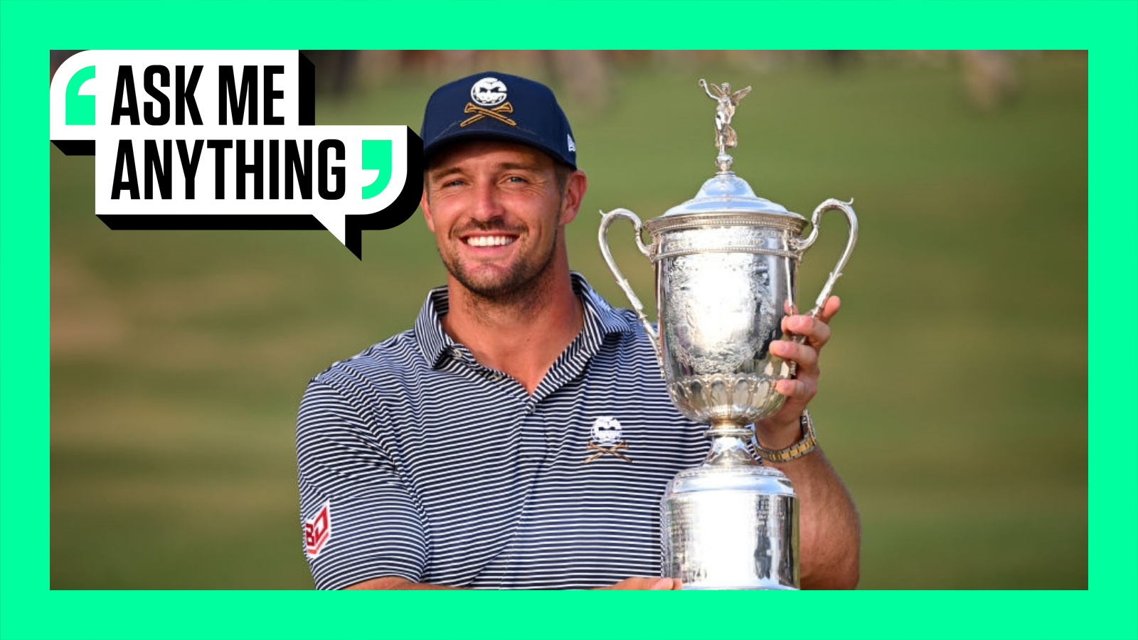 Bryson DeChambeau holding the US Open trophy with an Ask Me Anything border around it