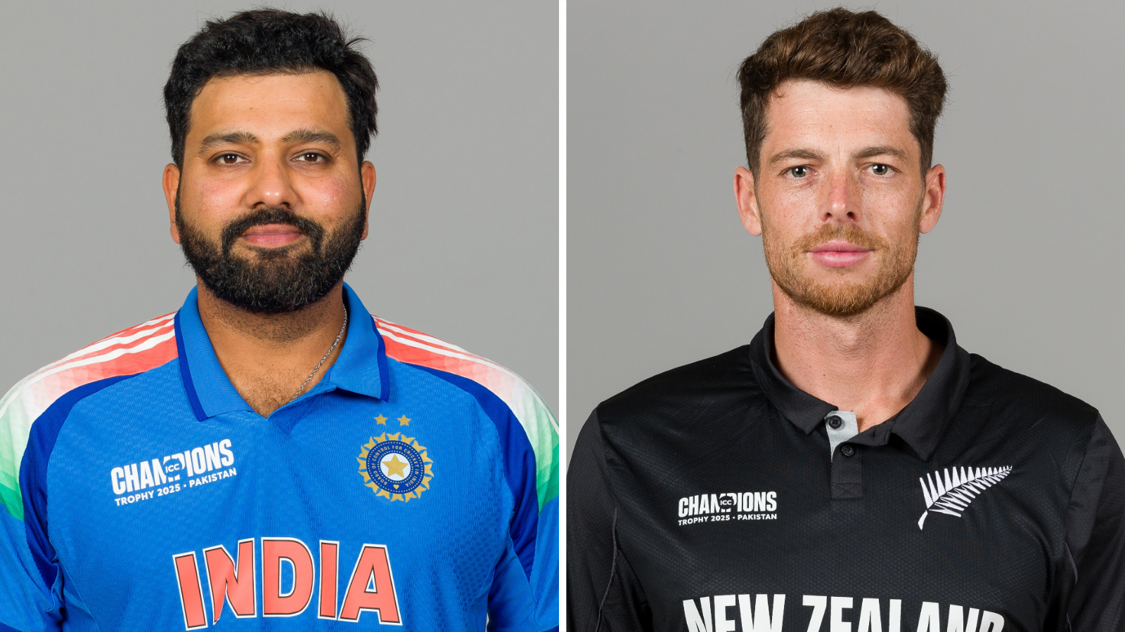 India captain Rohit Sharma (left) and New Zealand captain Mitchell Santner (right) split graphic