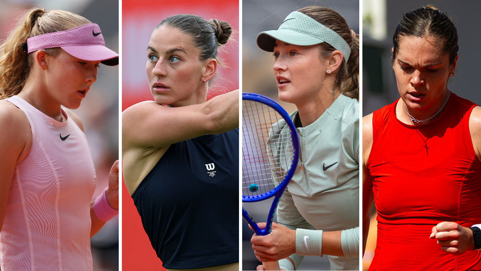 Split picture showing Mirra Andreeva, Marta Kostyuk, Anna Kalinskaya and Caty McNally