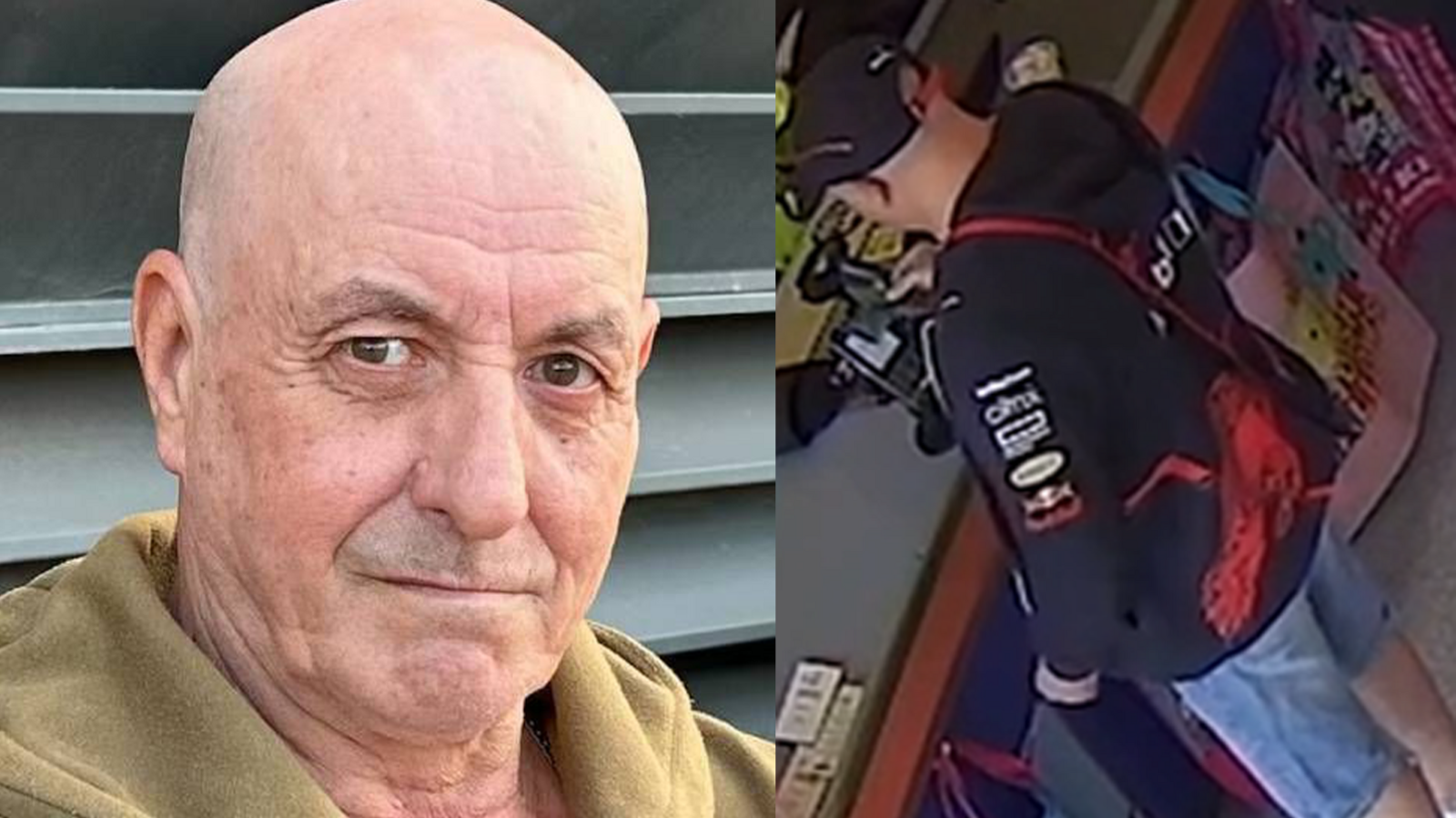 A man with no hair, wearing a yellowish hoody is looking at the camera. Next to him is a CCTV image