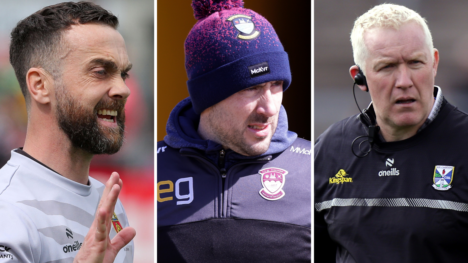 Down manager Conor Laverty, Westmeath manager Mark McHugh and Cavan manager Dermot McCabe