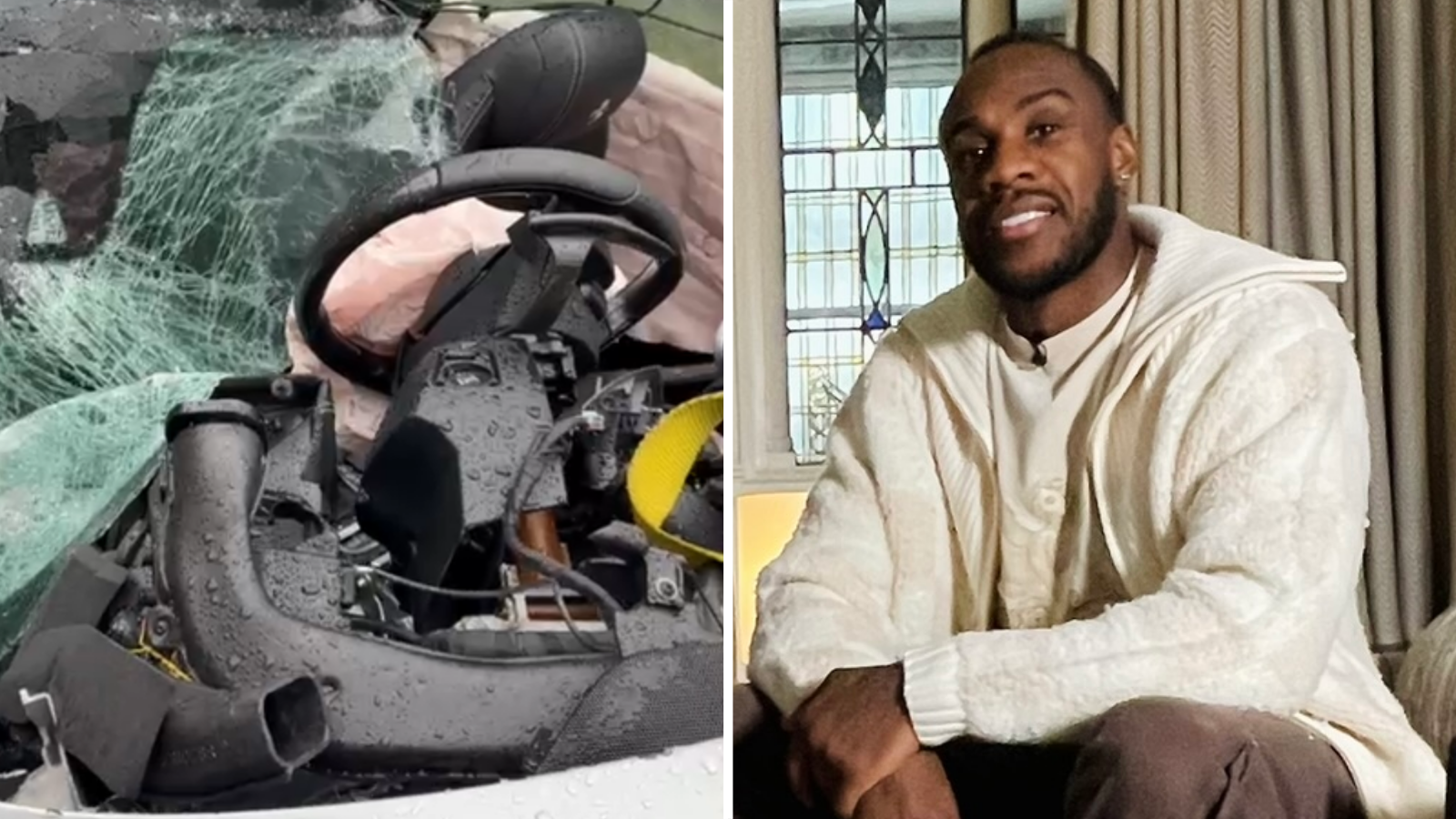 Split image showing Antonio's crumpled car and Antonio during his BBC interview.