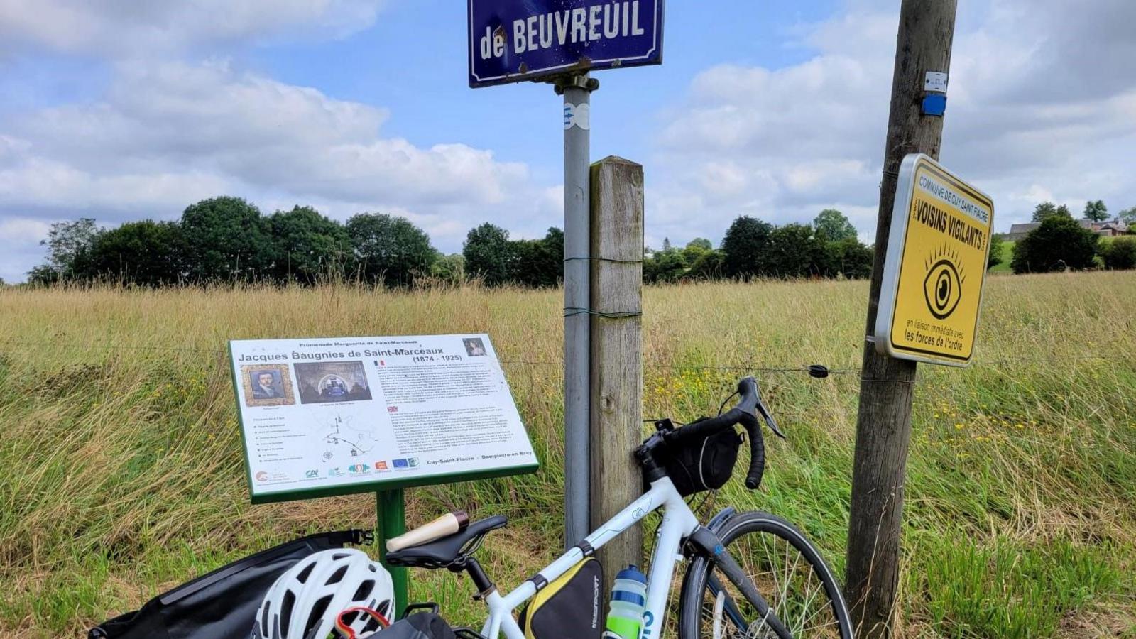 Emma Davis' bike resting against a sign in France