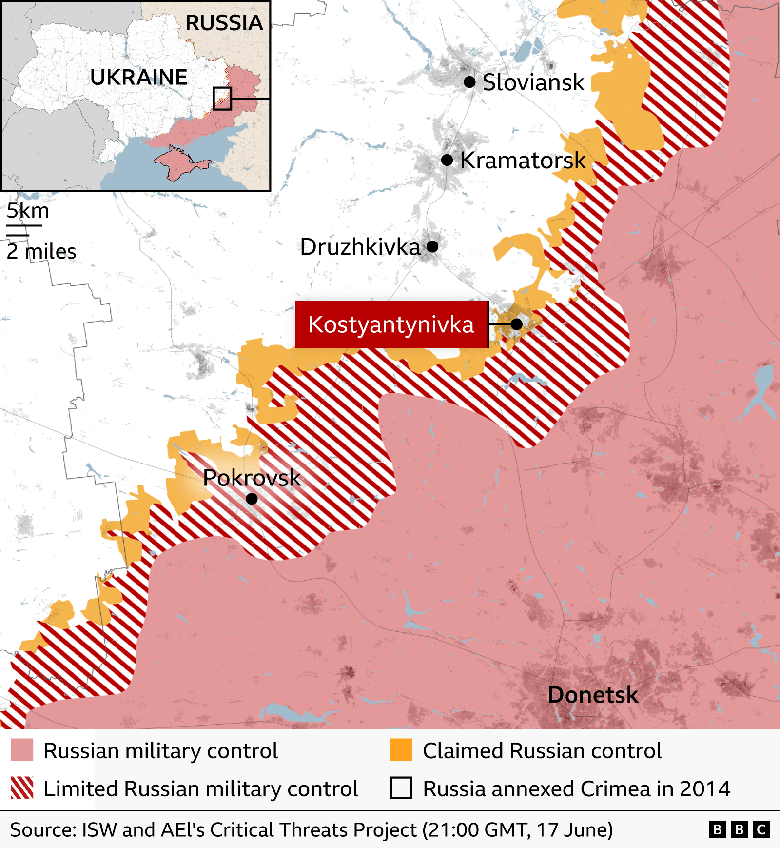 Map showing city of Kostyantynivka in eastern Ukraine - with red areas under Russian control